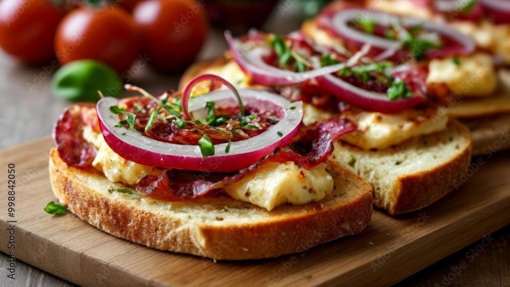 Delicious openfaced sandwiches with fresh toppings ready to be savored Delicious openfaced sandwiches with fresh toppings ready to be savored