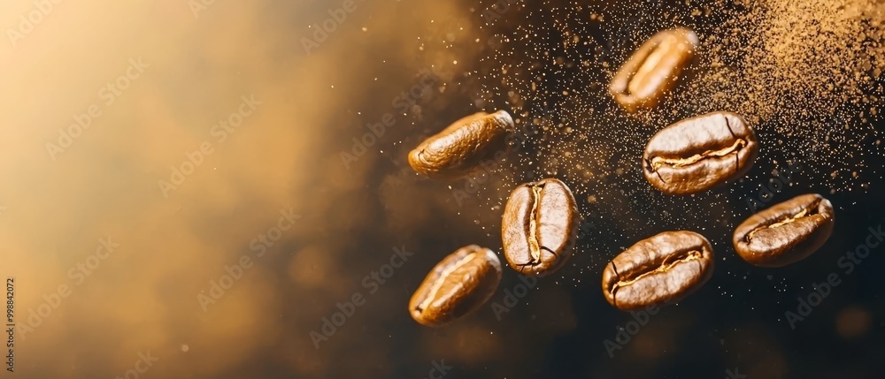 A collection of coffee beans scattered over a black backdrop, illuminated by a yellow light in the background A collection of coffee beans scattered over a black backdrop, illuminated by a yellow light in the background