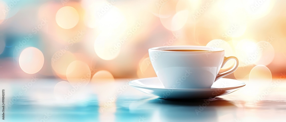 A cup of coffee rests on a saucer against a table backdrop with a softly blurred arrangement of lights A cup of coffee rests on a saucer against a table backdrop with a softly blurred arrangement of lights