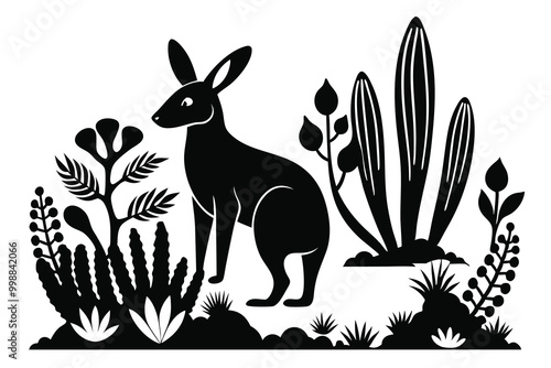 wallaby in plants and cactus white background A.eps