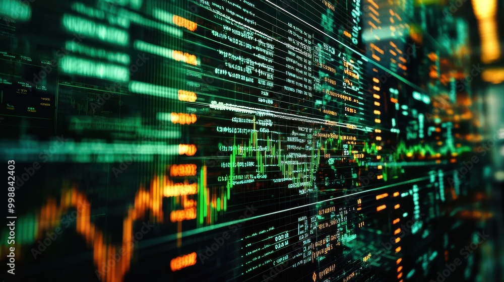 A futuristic stock exchange where AI algorithms predict market trends, featuring data visualizations of green and red stock prices fluctuating dynamically A futuristic stock exchange where AI algorithms predict market trends, featuring data visualizations of green and red stock prices fluctuating dynamically
