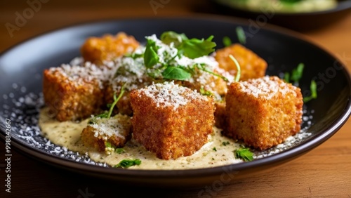  Deliciously seasoned bread cubes on a plate