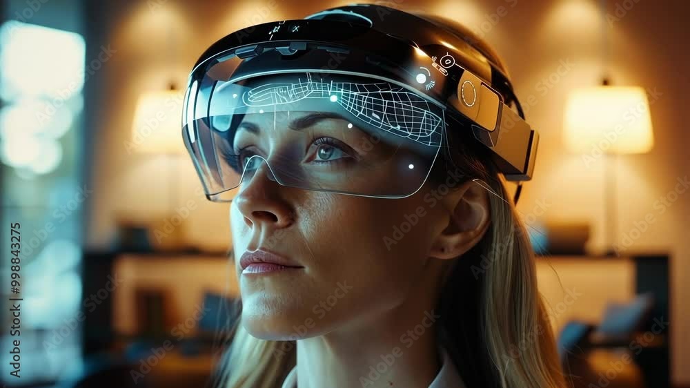Businesswoman wearing a brainwave scanning headset is visualizing a complex neural network, showcasing the potential of neurotechnology in a modern office setting Businesswoman wearing a brainwave scanning headset is visualizing a complex neural network, showcasing the potential of neurotechnology in a modern office setting