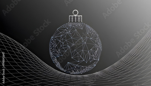 Abstract Christmas tree decoration in a technological futuristic style on a gradient monochrome background. Low poly wireframe noel bauble for card and poster design. Xmas ball toy with connected dots photo