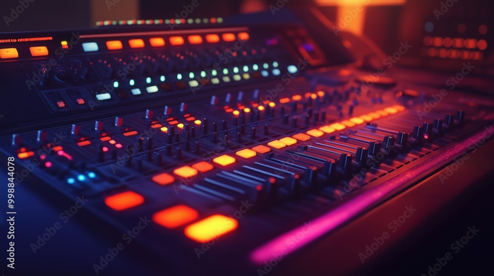 A vibrant close-up of an illuminated audio mixing console in a recording studio, showcasing colorful dials, switches, and LED indicators. A vibrant close-up of an illuminated audio mixing console in a recording studio, showcasing colorful dials, switches, and LED indicators.