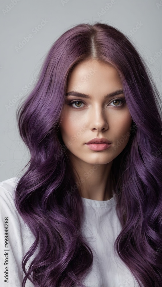 Woman with vibrant purple hair and neutral expression in fashion portrait Woman with vibrant purple hair and neutral expression in fashion portrait