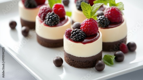 Delicate panna cotta desserts topped with vibrant raspberries, blueberries, and mint, beautifully presented on a white plate with a dusting of powdered sugar.