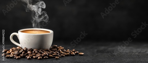  A cup of coffee with steam ascending, near beans atop a darkened table