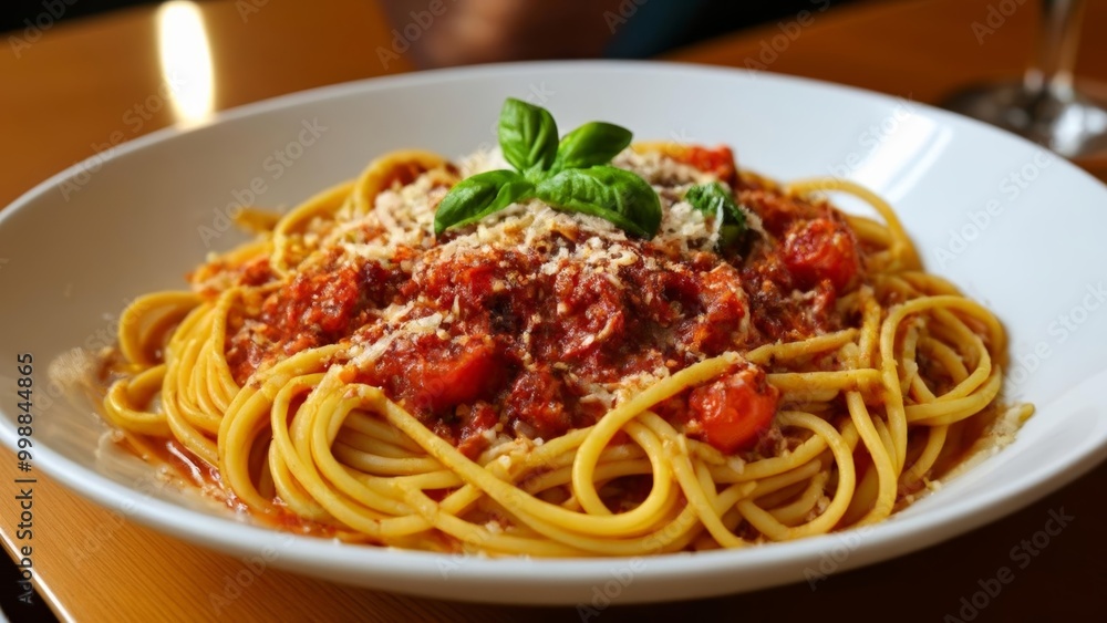 Delicious pasta dish with vibrant sauce and fresh basil Delicious pasta dish with vibrant sauce and fresh basil