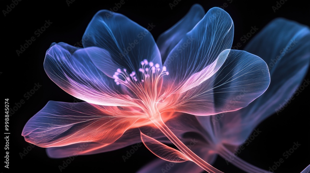 A stunning close-up of a glowing, translucent flower with neon blue and pink hues. A stunning close-up of a glowing, translucent flower with neon blue and pink hues.