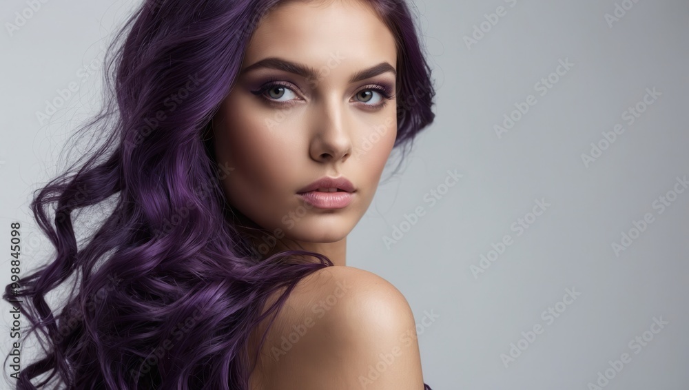 Woman with flowing purple hair and defined eyebrows in studio portrait Woman with flowing purple hair and defined eyebrows in studio portrait