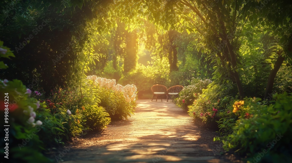 Obraz premium A peaceful garden scene with sunlight filtering through lush green trees, leading to a pair of benches surrounded by vibrant flowers and greenery.