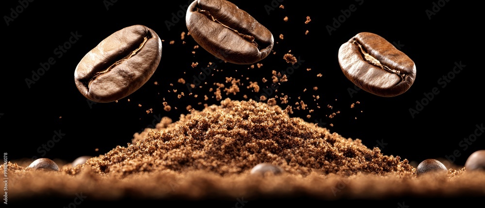 coffee beans atop ground beans against a dark backdrop, with three beans emerging coffee beans atop ground beans against a dark backdrop, with three beans emerging