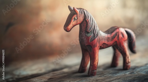 A close-up of a hand-carved wooden horse figurine with intricate designs, placed on an outdoor table with blurred background.
