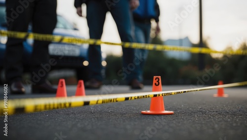 close-up view of a crime scene with evidence markers and police tape