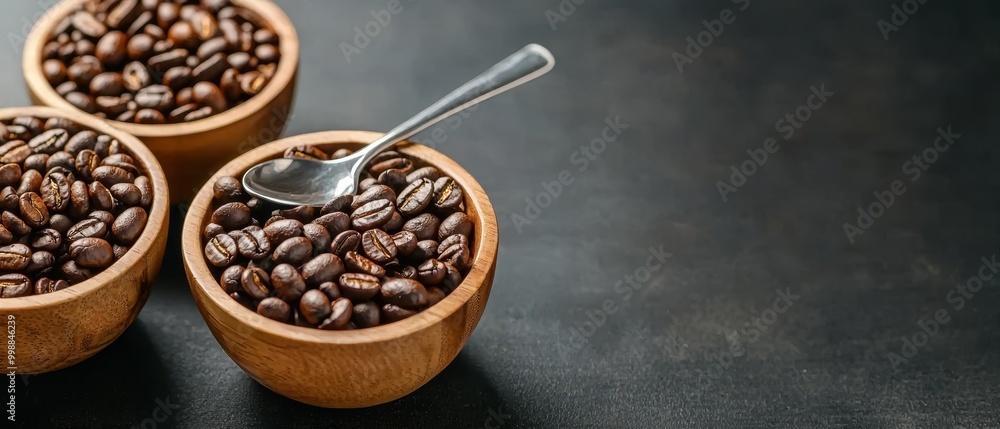 one filled with coffee beans, another with a spoon, the third holds a spare spoon one filled with coffee beans, another with a spoon, the third holds a spare spoon