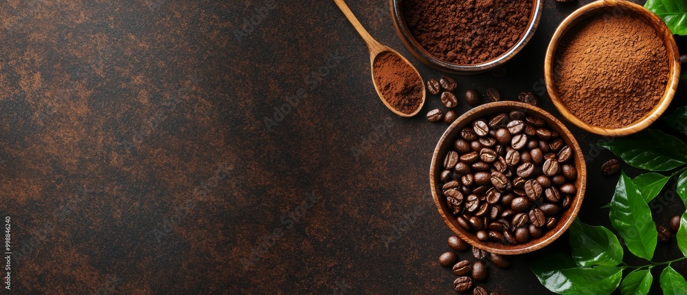 one brimming with coffee beans, the other laden with powdered coffee Two spoons sit nearby one brimming with coffee beans, the other laden with powdered coffee Two spoons sit nearby