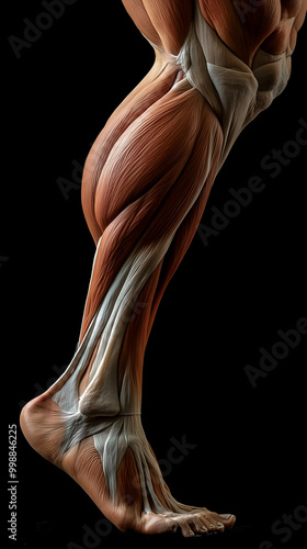 Detailed anatomical illustration of a muscular human leg showcasing muscle structure and anatomy