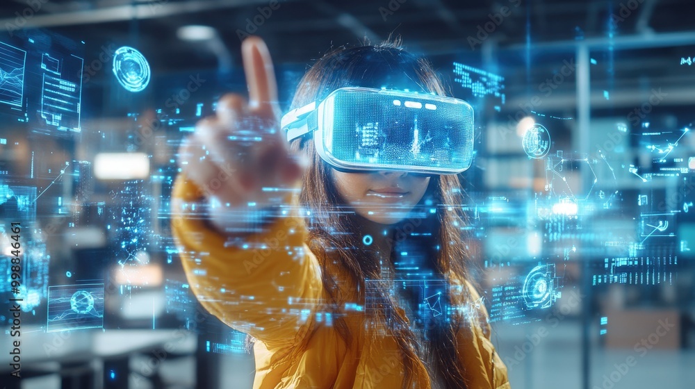 Woman wearing VR headset, interacting with digital interface. Woman wearing VR headset, interacting with digital interface.