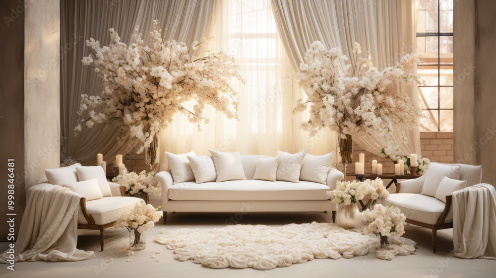 Elegant interior with a white sofa and floral arrangements Elegant interior with a white sofa and floral arrangements