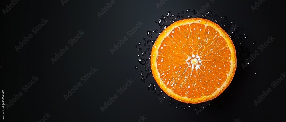 A sliced orange on a black backdrop, with dewdrops at its tops and bottoms A sliced orange on a black backdrop, with dewdrops at its tops and bottoms