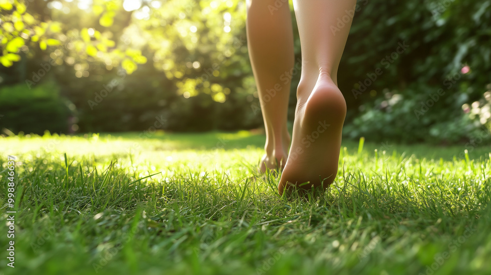 Bare feet walking on green grass in a sunlit garden