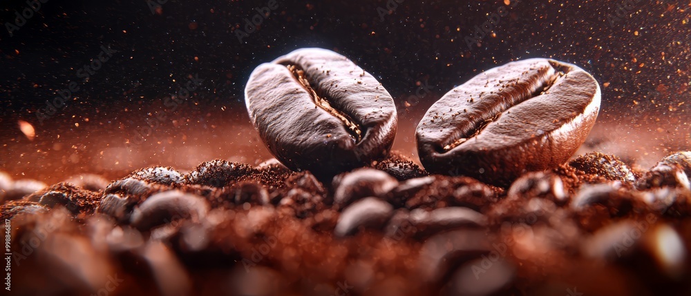 A couple of coffee beans atop three piles of beans A couple of coffee beans atop three piles of beans