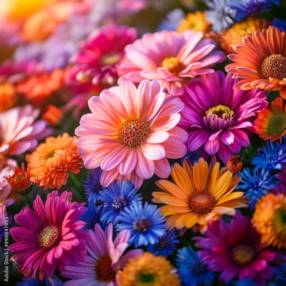 Vibrant floral pattern background with depth of field for a lively and colorful aesthetic Vibrant floral pattern background with depth of field for a lively and colorful aesthetic
