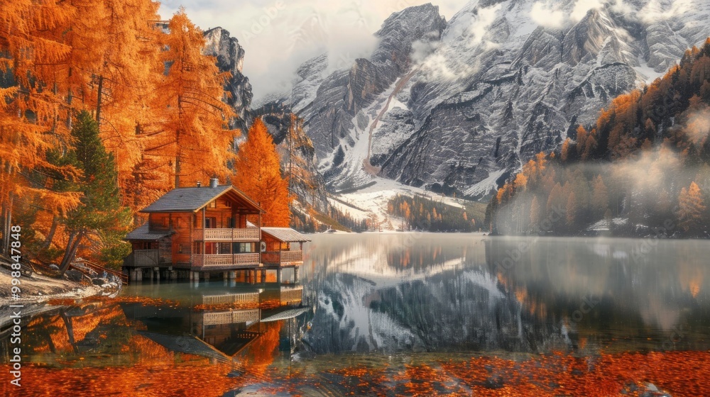 Fototapeta premium A cabin is surrounded by trees and a lake