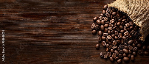  Coffee beans spill from a burlap bag onto a wooden table A full burlap sack stands nearby