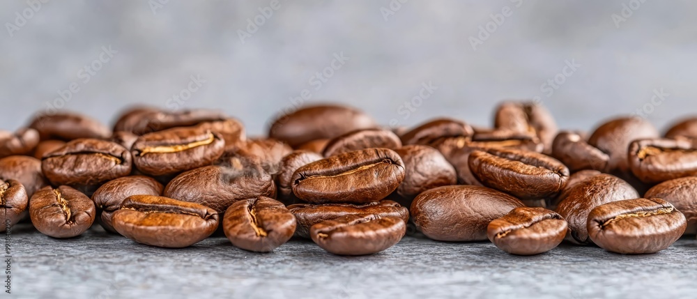 A heap of roasted coffee beans atop a gray counter, adjacent to an unpeeled coffee beans pile A heap of roasted coffee beans atop a gray counter, adjacent to an unpeeled coffee beans pile
