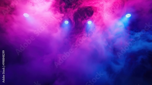Vibrant blue and pink stage lights cutting through swirling purple smoke.