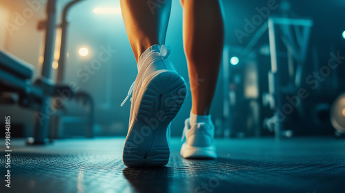 Person.s legs walking confidently in a fitness center with a dynamic lighting background copy space