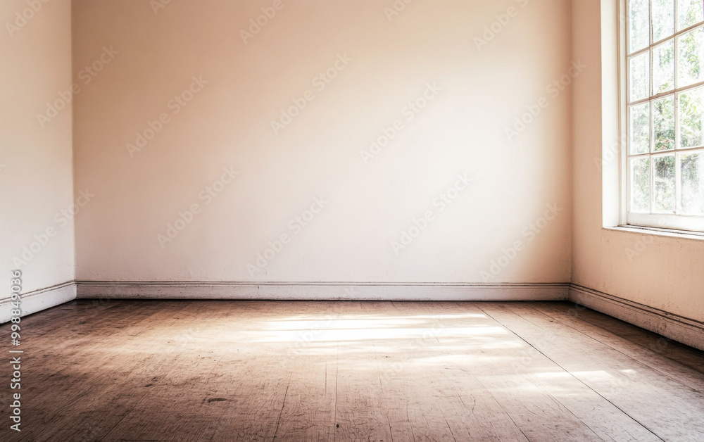 A bright, empty room with natural light streaming in through a large window on a peaceful day A bright, empty room with natural light streaming in through a large window on a peaceful day