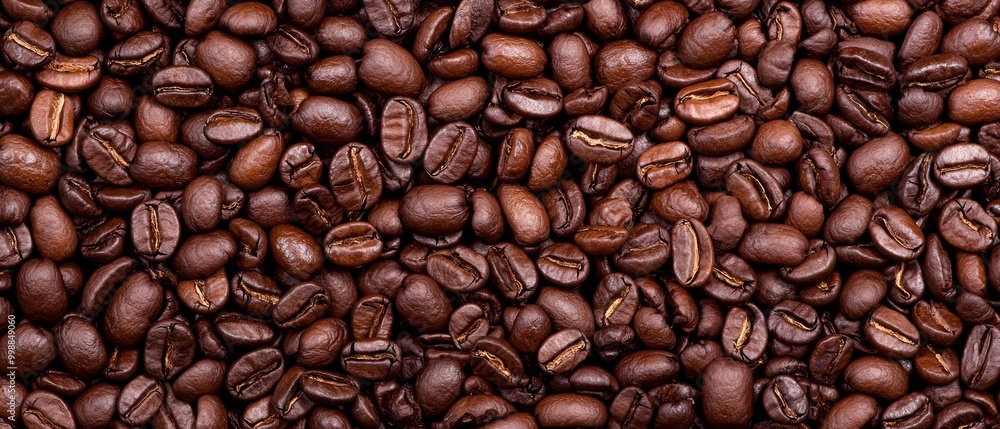 Scattered coffee beans with a cluster in the photo's center Scattered coffee beans with a cluster in the photo's center