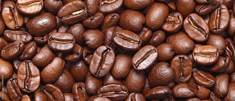 Fototapeta premium A pile of coffee beans is brown in color, both on the surface and inside