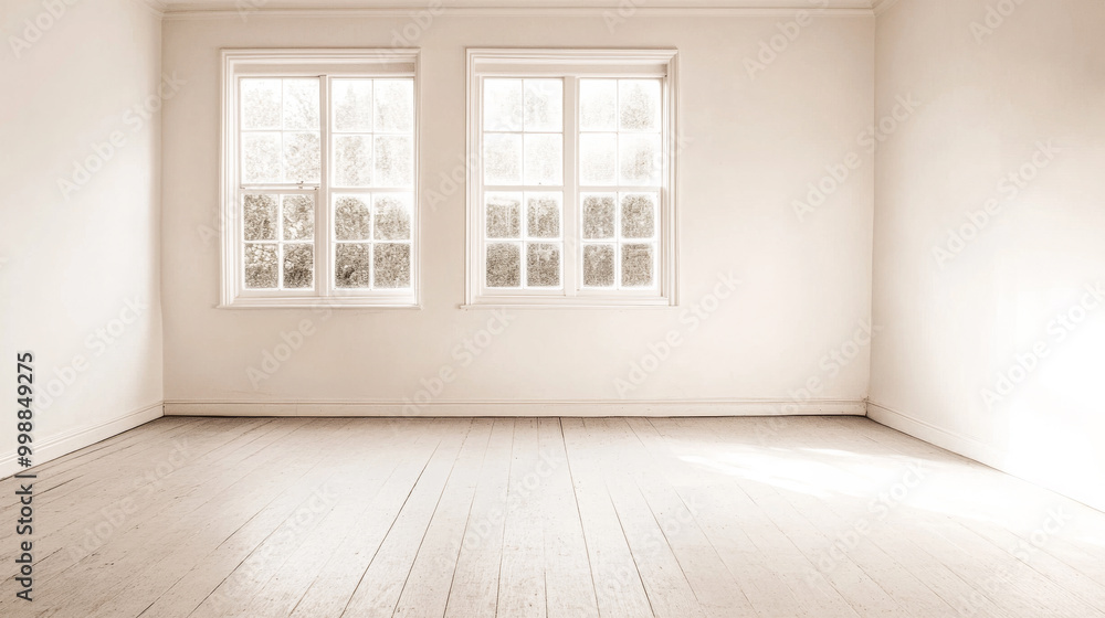 Fototapeta premium Bright and empty room with large windows showcasing natural light and wooden flooring, ideal for minimalistic interior design and decoration
