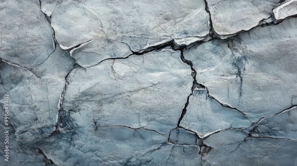 Obraz premium A cracked and weathered surface, painted with shades of grey and white, evoking the feeling of a frozen lake and the passage of time.