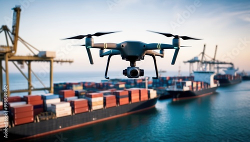 Quadcopter with camera hovers above cargo containers