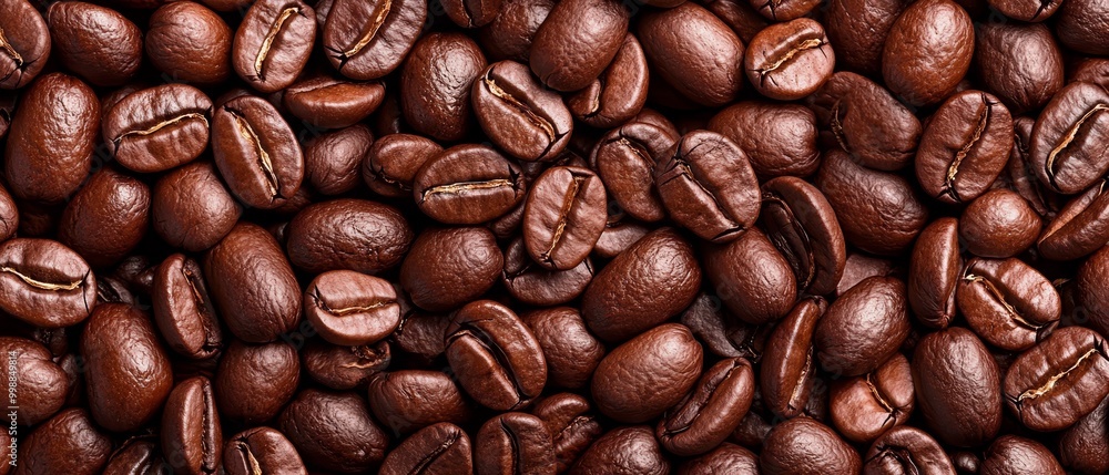 Fototapeta premium A mound of coffee beans, predominantly brown-hued, occupying the upper part's center