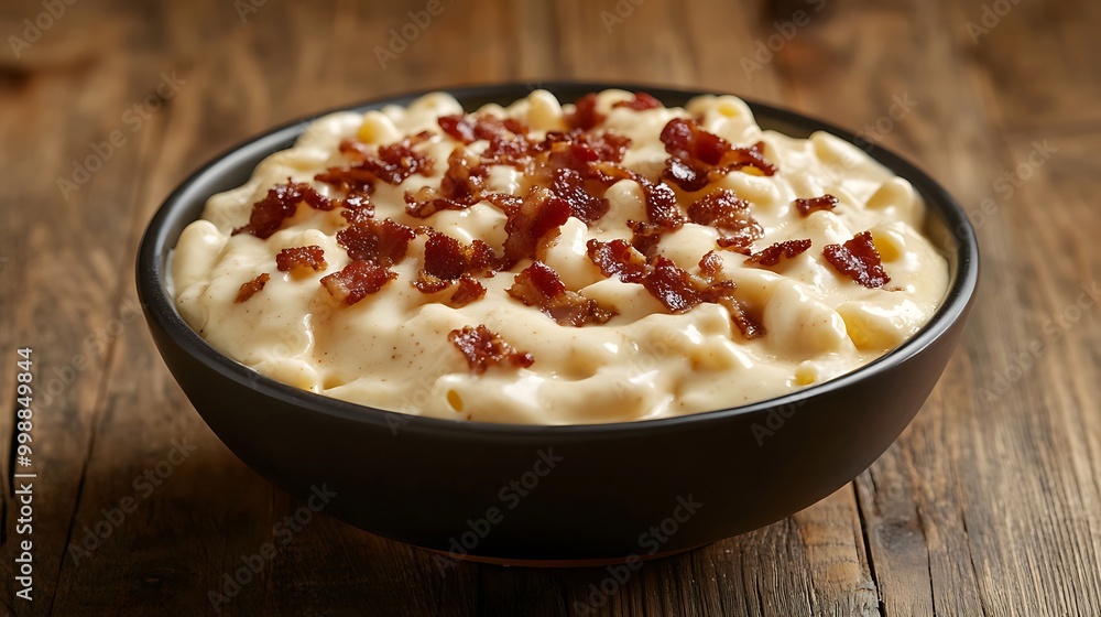 A bowl of creamy mac and cheese topped with crispy bacon bits A bowl of creamy mac and cheese topped with crispy bacon bits