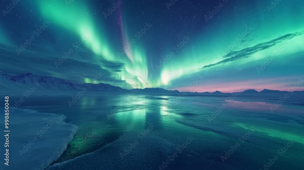 Naklejka premium A majestic aurora borealis illuminating the night sky above a frozen lake, reflecting its vibrant colors on the ice.