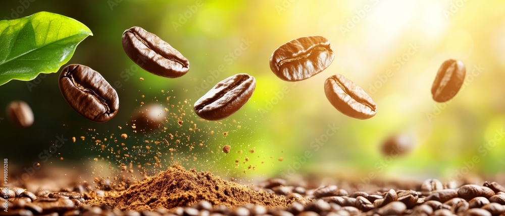 A plant grows atop three piles of coffee beans A plant grows atop three piles of coffee beans