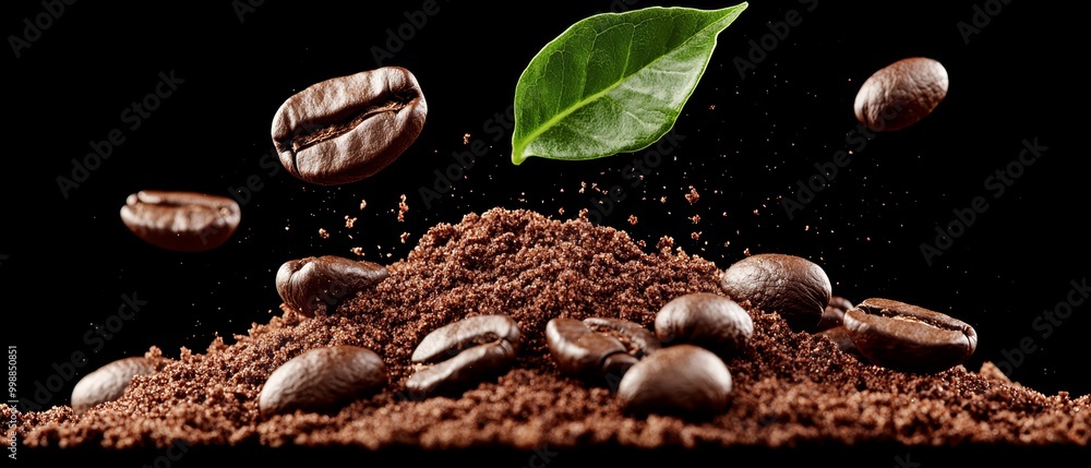 A mound of coffee beans topped with a single green leaf A mound of coffee beans topped with a single green leaf