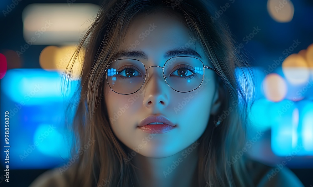 Female cyber security analyst analyzing AI cyberspace threats on computer in dark tech office data centre. Blue lighting. IT specialist ethical hacking Female cyber security analyst analyzing AI cyberspace threats on computer in dark tech office data centre. Blue lighting. IT specialist ethical hacking