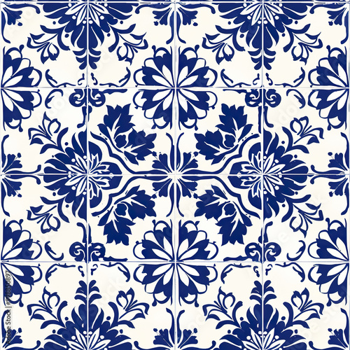 Seamless ornate azulejo ceramic tile art pattern wallpaper background backdrop. Blue abstract ornaments, glazed tilework from Spain and Portugal