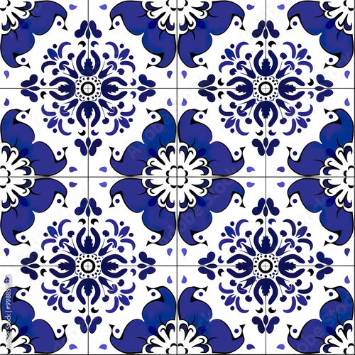 Seamless ornate azulejo ceramic tile art pattern wallpaper background backdrop. Blue abstract ornaments, glazed tilework from Spain and Portugal