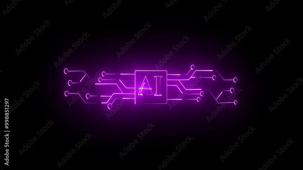 Animated AI Glowing Circuit Board with Futuristic Screen. AI icon black background. Animated AI Glowing Circuit Board with Futuristic Screen. AI icon black background.