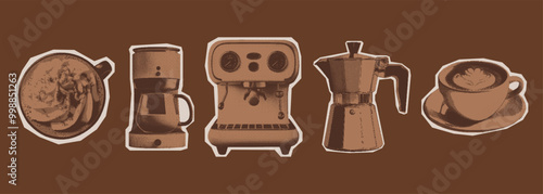 Halftone coffee brewing equipment. Coffee machine,  moka pot, cappuccino. Monochrome vintage illustration with dotted photocopy texture. Cutout elements for prints, invitations, menus.