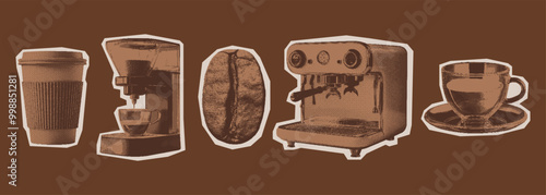 Monochrome Halftone Illustration. Breakfast coffee concept. Espresso machine, coffee bean, cup. Vintage cutout elements with dotted photocopy texture for invitations, menus.

